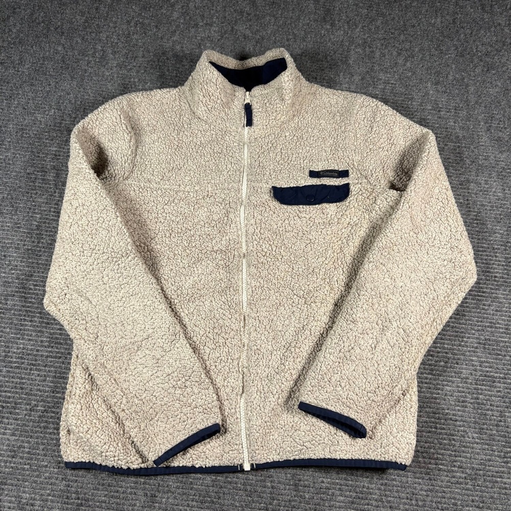 Columbia Sherpa Fleece Jacket Mens L Beige Excellent Full Zip Mock Neck Pocket